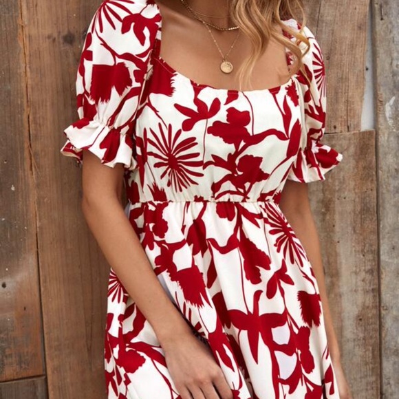 Boho Red Floral Print Puff Sleeve Midi Dress Cottagecore - Picture 4 of 4